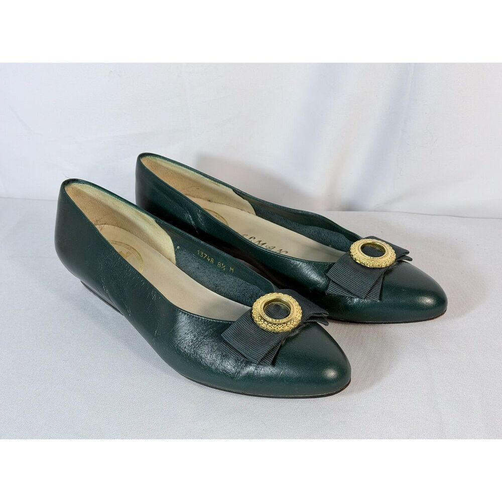 Vtg Spanish Leather Delman Forest Green Heels Ribbon Sz 8.5 Gold Accent Pointed